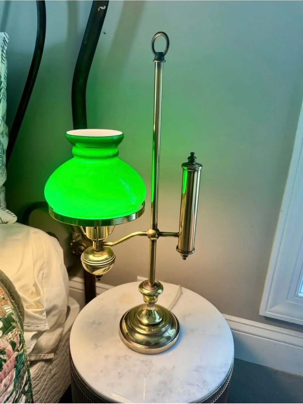 Vintage Brass Table Lamp with Green Glass Shade